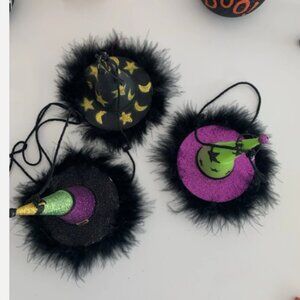 Pier 1 Feathered Witch Hat Ornaments (Set of 3) Hand Painted, Halloween